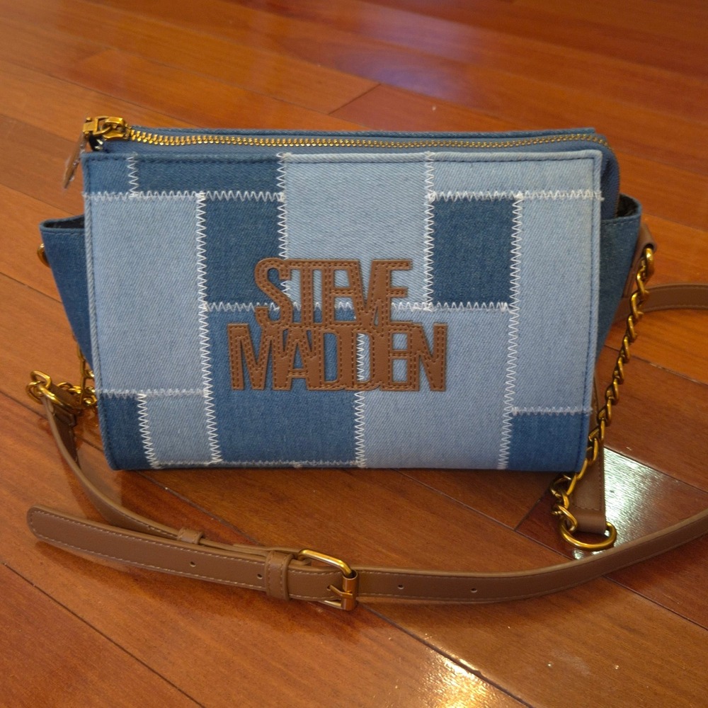 Steve Madden Crossbody Bag Womens Small Blue Patchwork Denim Gold Chain Strap